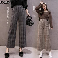 2021 autumn winter woolen plaid pants women elastic high waist ankle length pant plus size harajuku wide leg trousers goth pants
