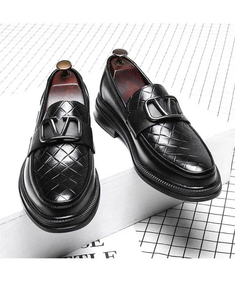 

Men's Handmade PU Black Plaid Pattern Metal Buckle Formal Dress Loafers Retro Classic Fashion All-match Business Casual XM110