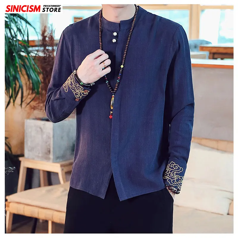 Sinicism Store 2020 Мужская льняная рубашка с воротником стойкой свободная вышивкой и