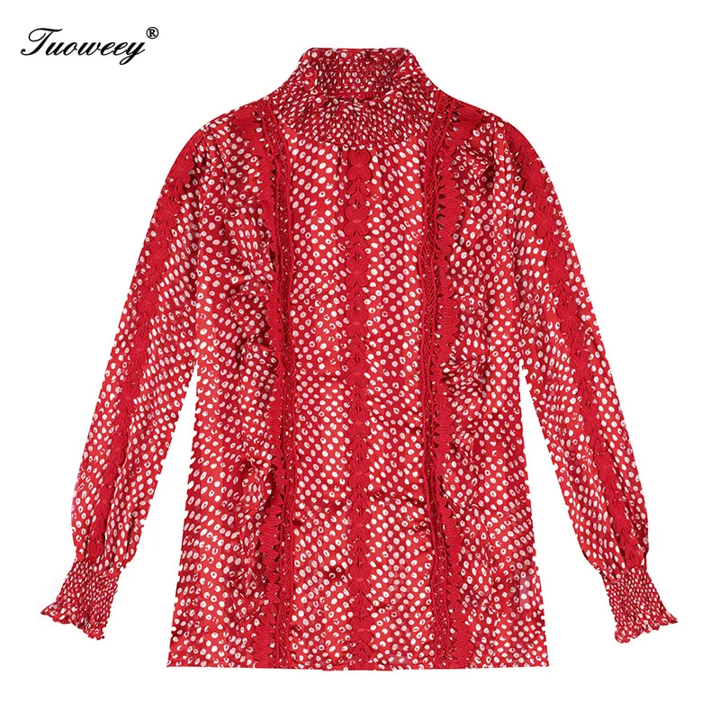 

2020 Women's Spring Summer Style Chiffon Shirt Women's stand collar Polka Dot printed Elegant Long Sleeve Casual Tops