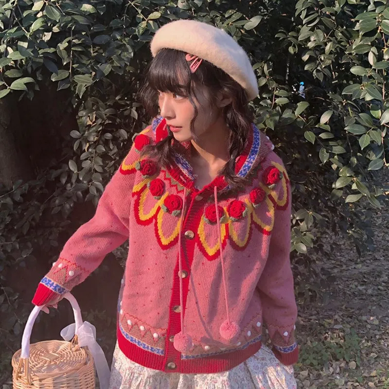 2019 Casual Hooded Single-Breasted Cardigan Cardigans Geometric Pattern Polka Dot Sweater Sweet Hand Hook 3D Flowers |