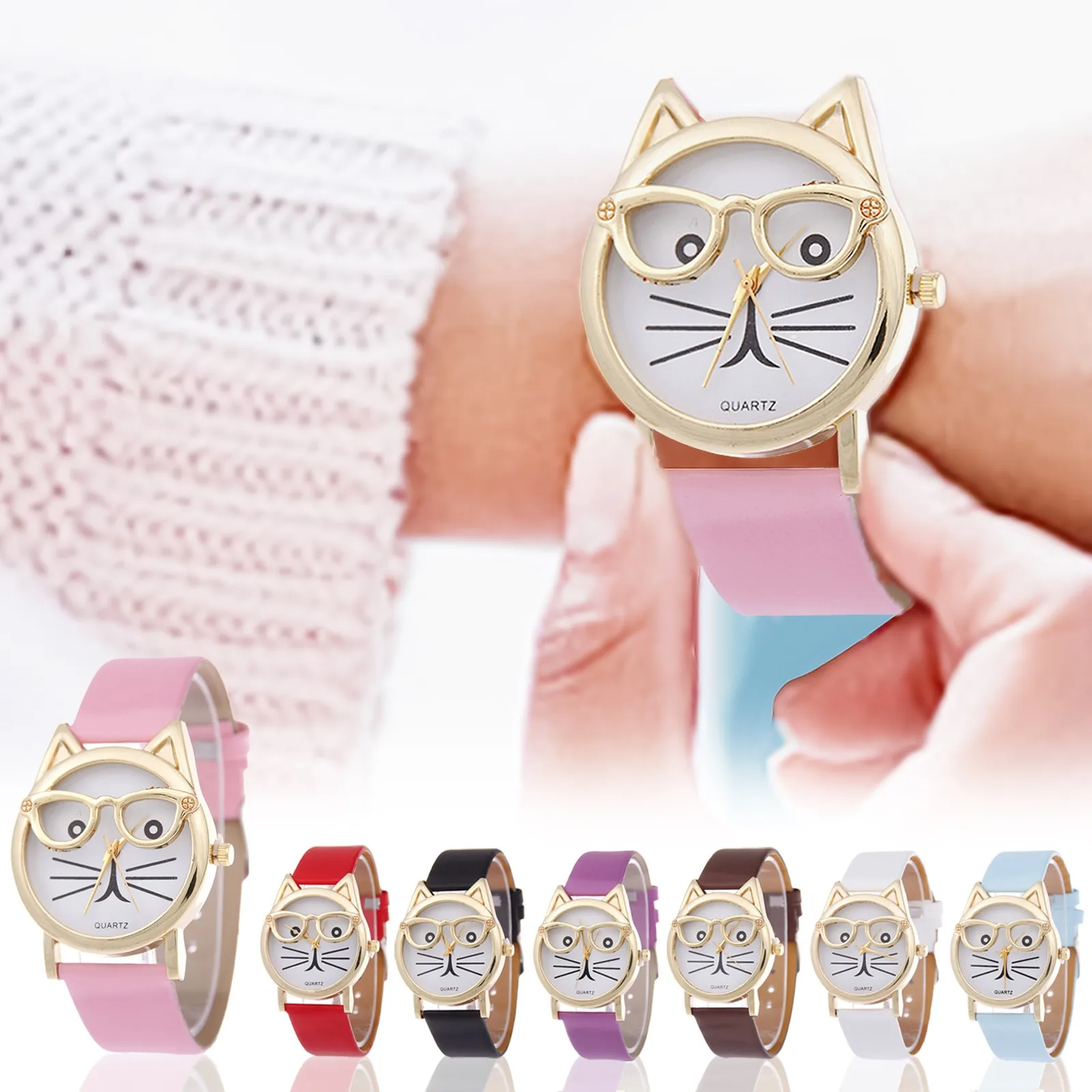 

2022 Fashion Casual Women Romantic Ladies Watch Wear Glasses Cat Dial Belt Ladies Quartz Watch Luxury Women Watches Reloj