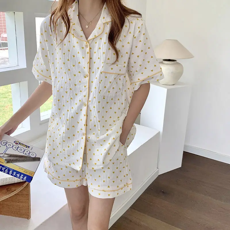 

QWEEK Cotton Sleepwear Women Korean Pajamas for Girls Summer 2021 Pyjamas Ladies Heart Print Pijamas Short Sleeve Two Piece Set