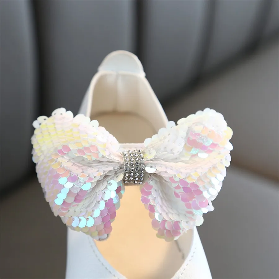 Женские однотонные туфли принцессы с блестками стразами и бантом милые