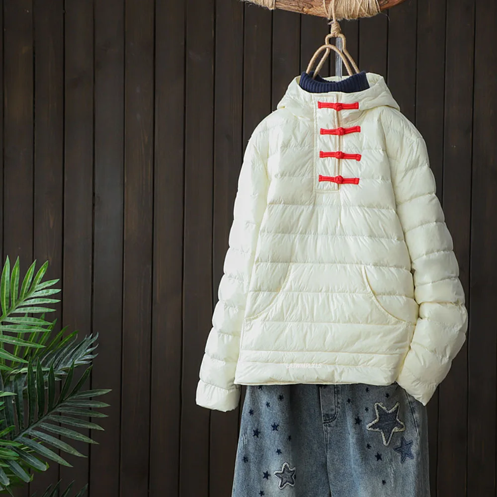 

Women Vintage Winter Button pullover Thick Warm Short Down Coat Lightweight 90% White Duck Down Jacket Ladies Snow Outwear