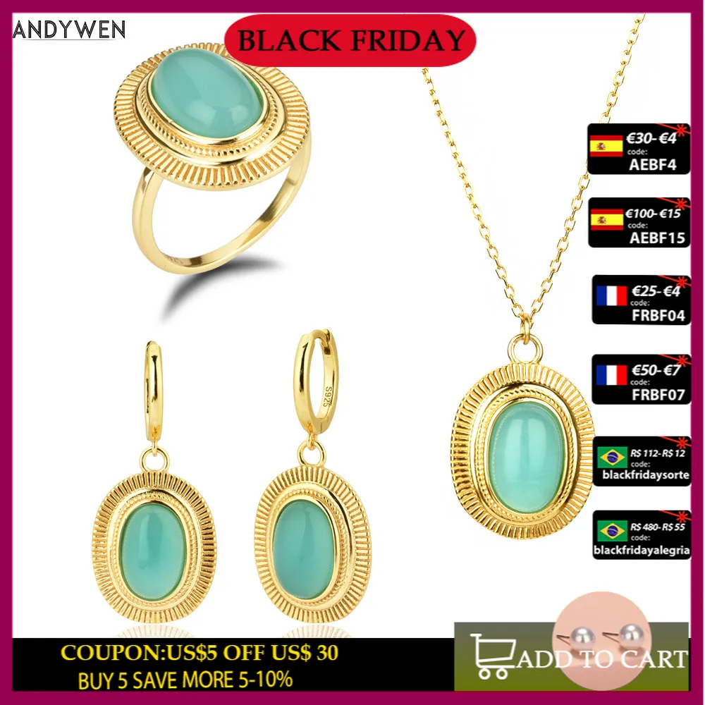 

ANDYWEN 925 Sterling Silver Transparent Turquoise Ovals Drop Earring Ring Necklace Jewelry Set Rock Punk 2020 Fine Jewelry