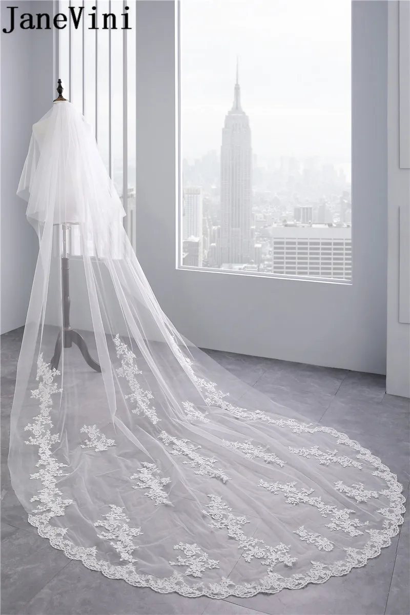 JaneVini 2 слоя собора Длинная свадебная фата белая кружевная кромка Аппликация