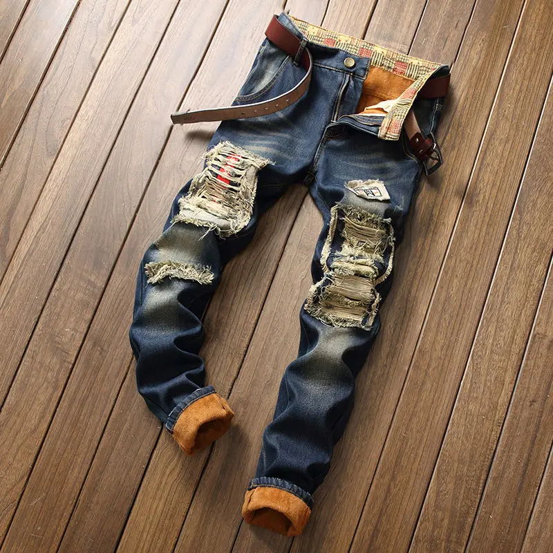 Модные рваные джинсы мужские зимние теплые брюки-карго прямые джинсовые брюки с