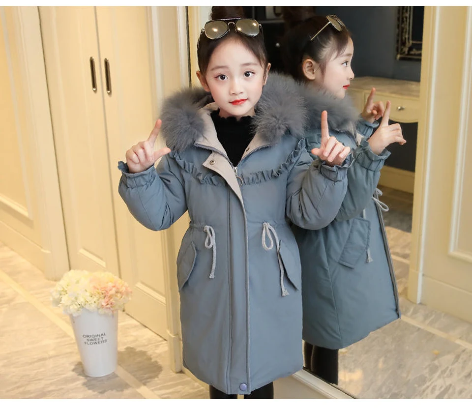 Модный Детский пуховик России зимняя куртка с поясом для девочек, стеганый пуховик для девочек Детская верхняя одежда для холодной зимы Куртка на мороз до-30 градусов теплое пальто
