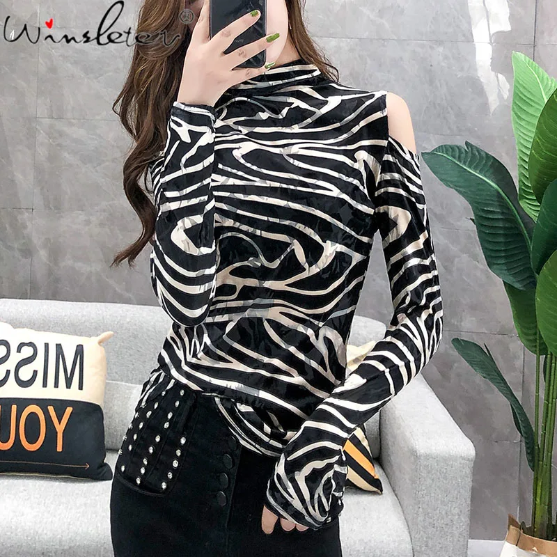 Новинка футболка с принтом Женская водолазка открытыми плечами в полоску зебры