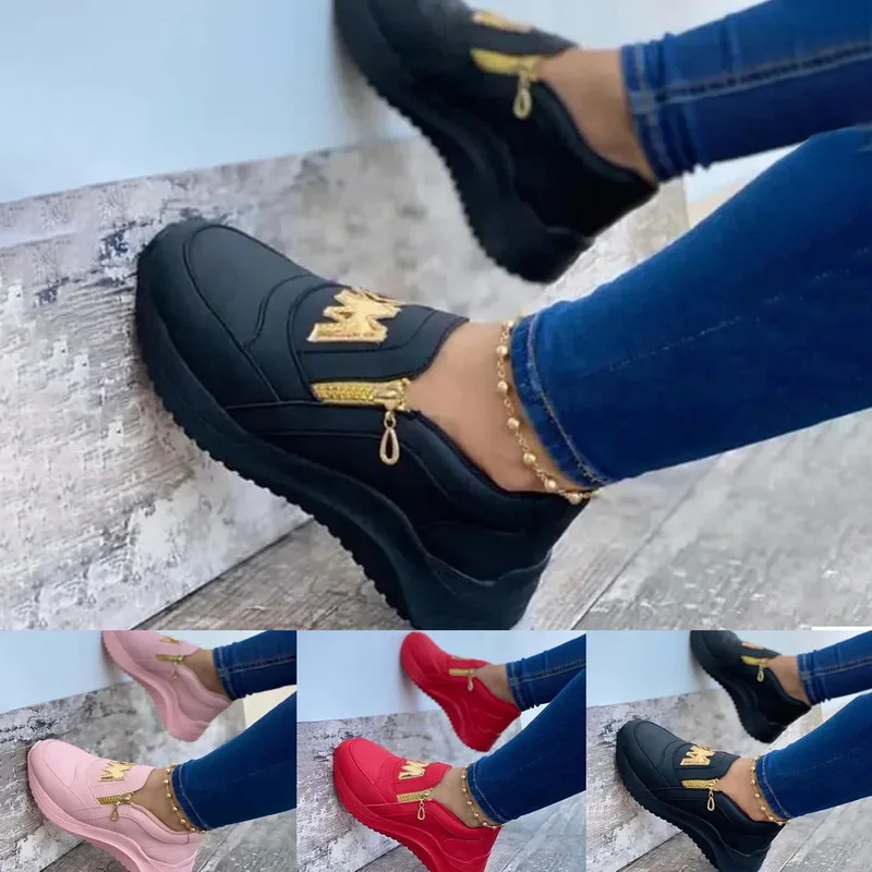 

Women Sneakers Sport Shoes Thick Bottom Solid Color Ladies Vulcanized Walking Shoes Casual Wedge Slip on Zipper Women Shoes