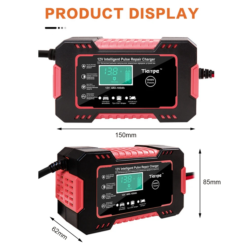 

12V 6A Full Automatic Car Battery Charger Digital LCD Display Batteries Chargers Power Pulse Repair Chargers Wet Dry Lead Acid
