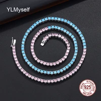 100 guarantee real 925 sterling silver 45 cm tennis necklace 3mm bluepink colorful zircon chain eternal choker fine jewelry