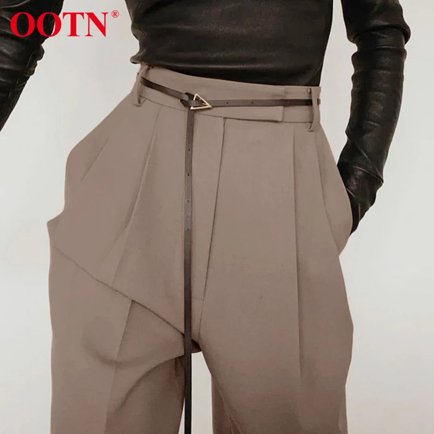 

OOTN Office Lady Zipper Pleated High Waist Ankle-Length Pants Brown Pocket Straight Trouser Women Loose Casual Spring Autumn