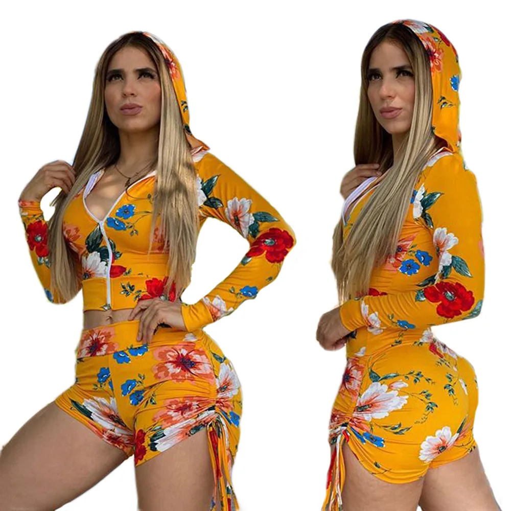 

2 Piece Women's Dashiki Summer New Fashion Casual Suit Hooded Zipper Small Coat + Drawstring Shorts Exposed Navel Sportswear S