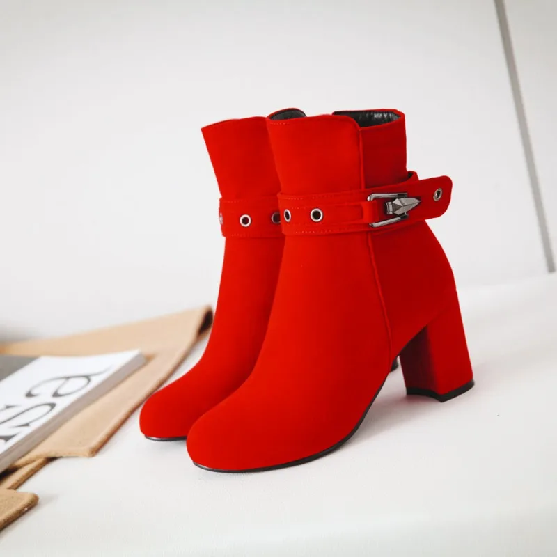 

2021 New Flock Women's Booties Side Zipper Round Toe High Heels Ankle Boots Fashion Casual Women's Shoes 4 Colors Available