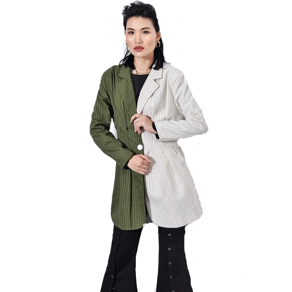 Women Autumn Suit Pattern Striped Color Block Turn-down Collar Single Button Slim Cotton Jacket Green Navy Blue FS0676 | Женская одежда