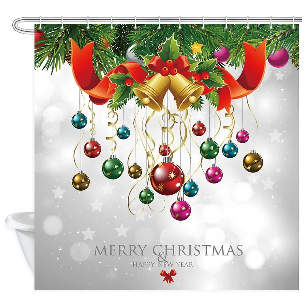 

Colorful Christmas Balls Hang on Pine Tree and Xmas Bell New Year Holiday Decor Shower Curtain