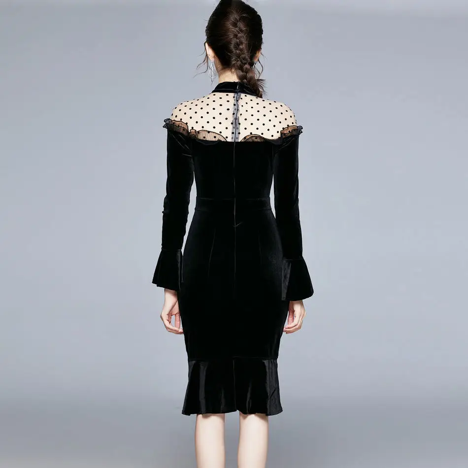 

Shoulder Gold Velvet Dress Women's Long Knee New Korean Skinny Buttock Fish Tail Skirt