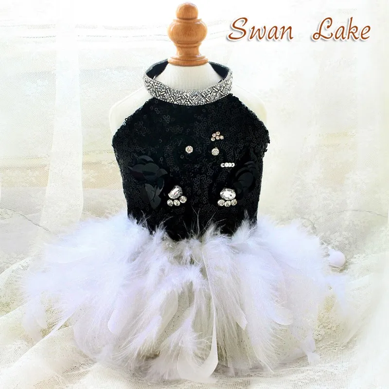 Unique Handmade Dog Clothes Pet Supplies Classic Fairy Tale Luxury Sequins Black Swan Accessories Feather Skirt Princess Dresses