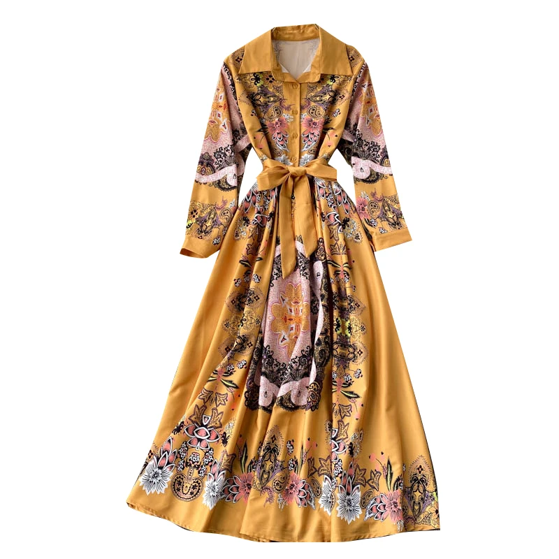 

Retro Print Maxi Dress Women Chic Turn-down Collar Button A-line Dress Autumn Korean Boho Floral Court Wind Long Robe