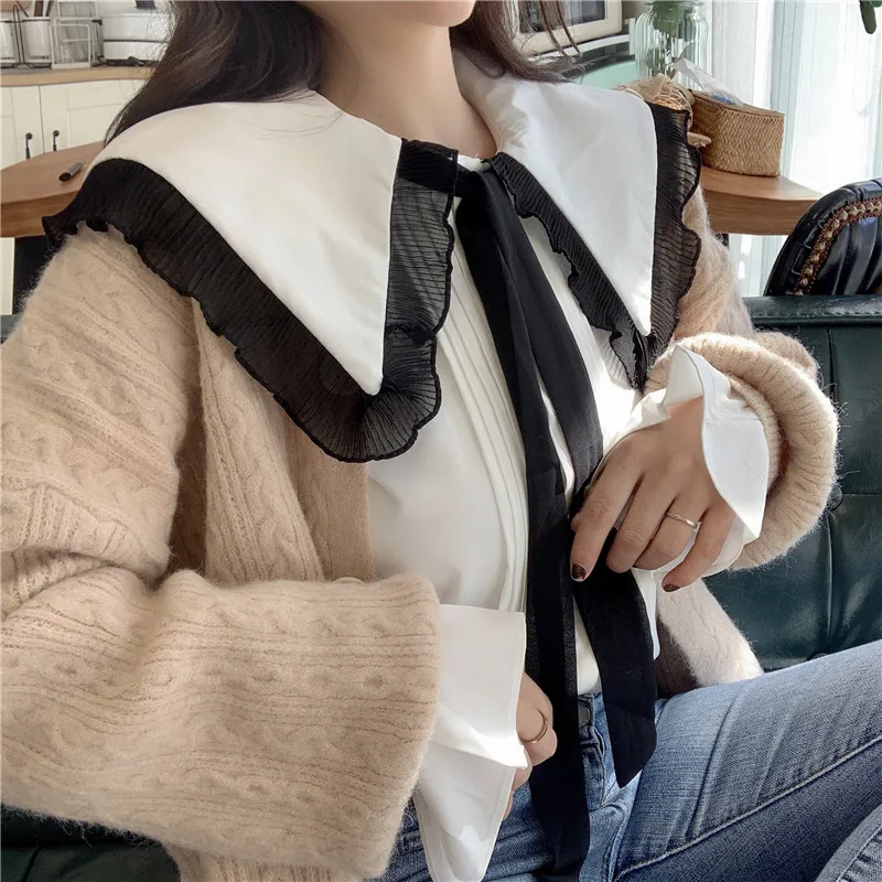 

peter pan collar Blouses sweet Women's Clothing bow chiffon tops loose moda feminina flare sleeve shirts blusas mujer de moda