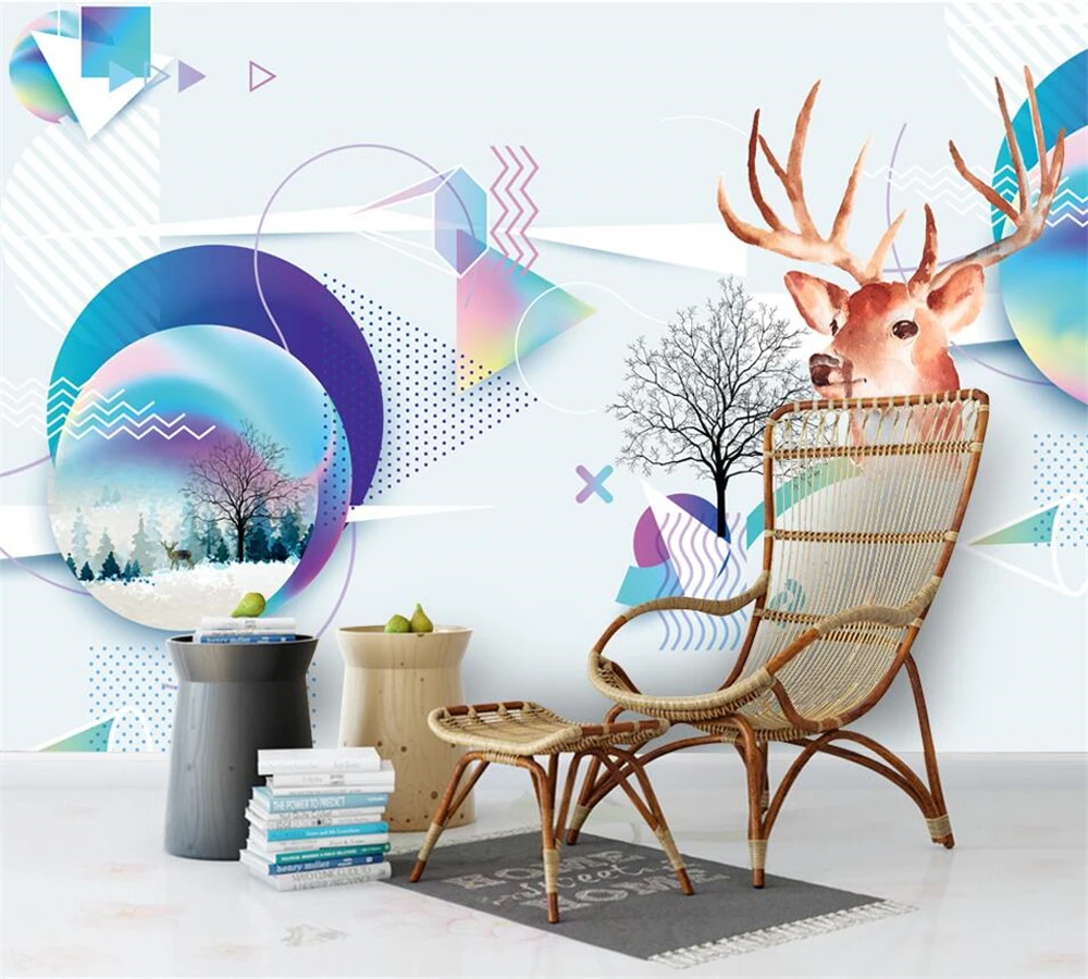 

beibehang Custom wallpaper fashion mural modern hand-painted watercolor deer head art illusion abstract geometric background