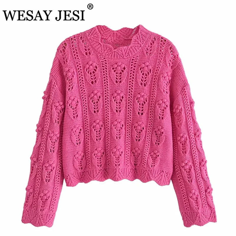 

WESAY JESI Women Fashion With POMPOMS Hollow Out Cropped Knit Sweater TRAF ZA O Neck Long Sleeve Female Pullovers Chic Tops