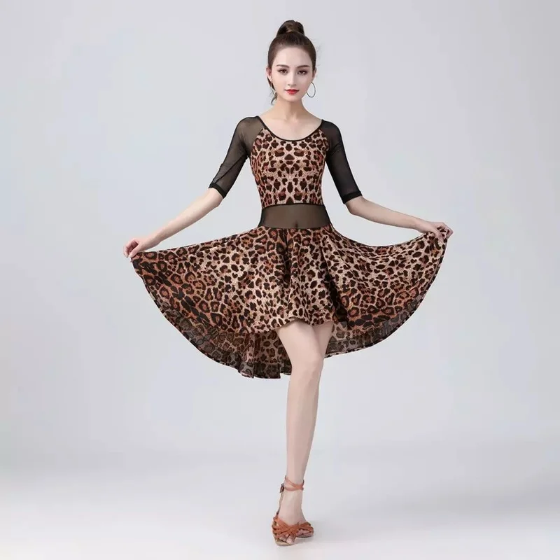 

2021 Sexy Ladies Latin Dance Dress Leopard dress Costume Sexy Mesh Splicing Leopard Professional Ballroom Clothes Tango Samba