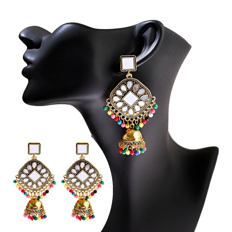 Цыганские серьги с жемчужинами и кисточками в индийском стиле Jhumka для женщин, богемные Ретро Золотые Зеркальные колокольчики, тибетские сережки oorbellen