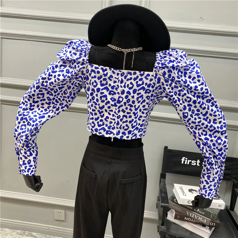 

Palace Style Niche Leopard Short Navel Top 2021 New Retro Square Collar Bubble Sleeve Back Zipper Shirt