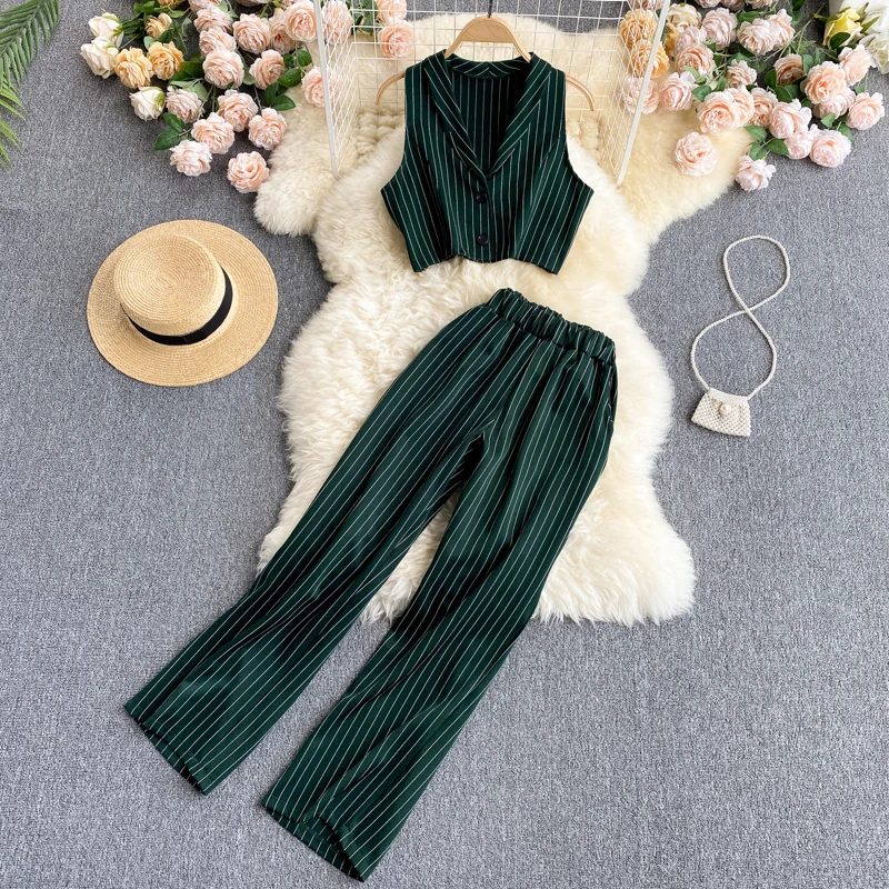 

Summer Office Pants Set Vintage Striped Sleeveless Top High Waist Wide Leg Pants Fashion Two-Piece Set 2021 Female Elegant Suit