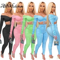 fashion sexy women solid off shoulder lace up bandage crop tops ruched stacked pants suit leggings outfit sport two piece sets