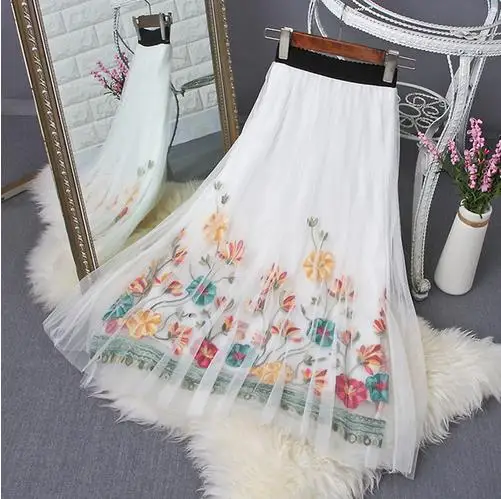 2019 весенние летние резинка на талии Цветочная вышивальная сетка миди юбка