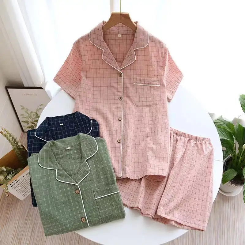 

Japanese Style Pajamas Sets Cotton Gauze Thin Sleepwear Two Piece Set Short-Sleeved Shorts Home Suit Female Homewear