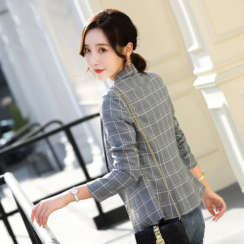 

Women Plaid Business Blazer Autumn Spring Elegant Lapel Single Button Coat Jacket Slim Business Casual Coat Female Plus Size 5XL