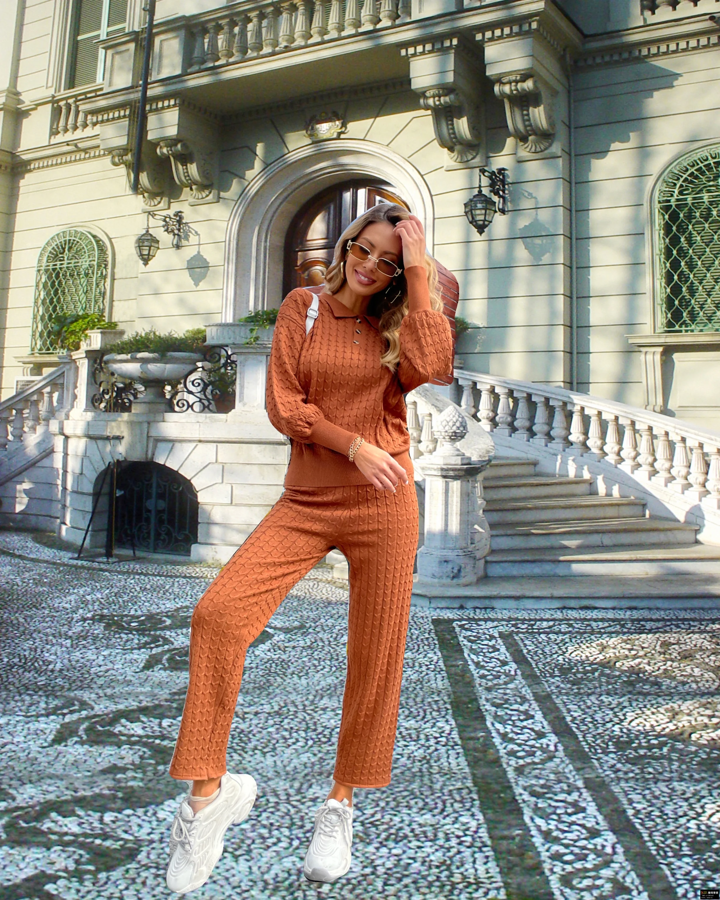 

Women Sweater Set V Neck Summer Tracksuit Oversize Wide Leg Pant 2021 New Cloth Sportswear Suit Two-Piece Casual Knitted
