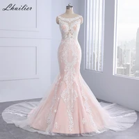lhuilier lace mermaid pink wedding dresses floor length sleeveless appliqued illusion bridal dress chapel train