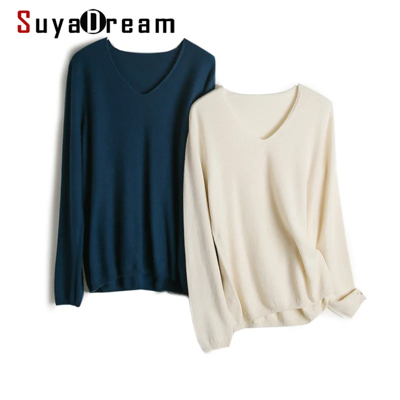 

SuyaDream woman Wool sweaters 100%Wool V neck Pullovers Seamless Long Sleeve Plain knits BASE Sweaters 2020 Fall Winter Knit Top