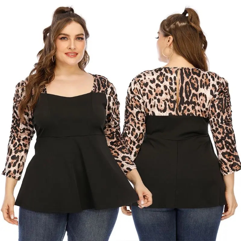 Womens Plus Size 3/4 Puff Sleeves Loose  Sexy V-Neck Leopard Patchwork Pullover Tops Flared Hem Keyhole Back Blouse Streetwear L