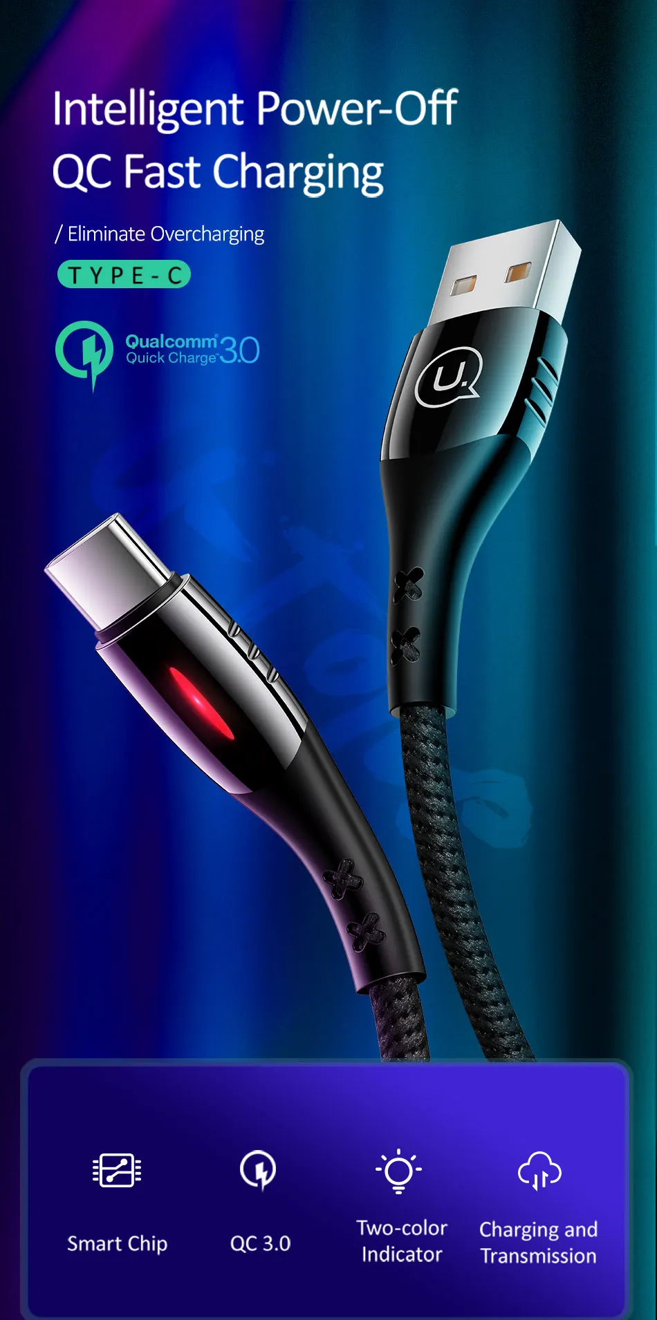 USAMS Smart power off QC3.0 type C зарядный защитный кабель для samsung huawei Xiaomi USB C кабель с автоматическим отключением кабель type-c
