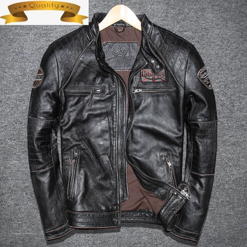

Leather Jacket for Geniune Men Pure Cow Leather Vintage Jacket Spring Autumn Plus Size Jaqueta De Coruo 7810-1 MF124