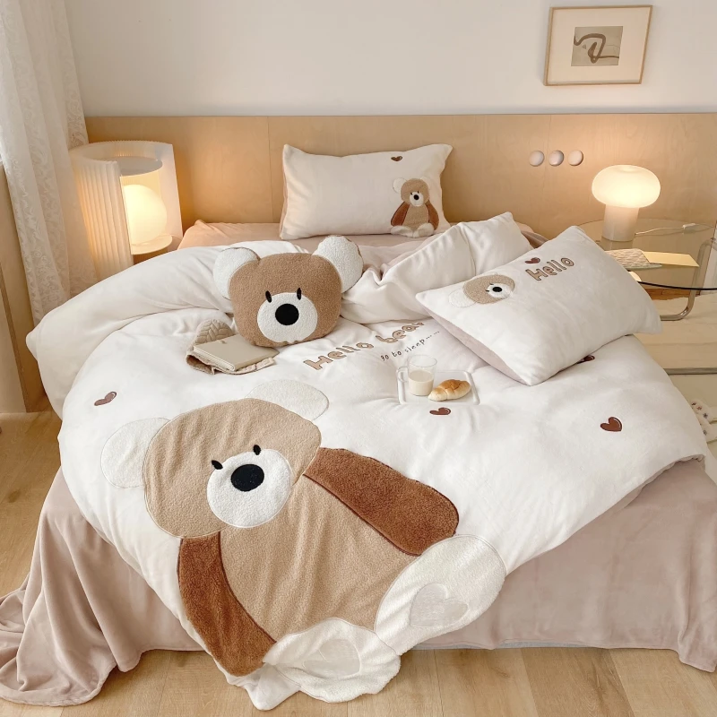 

Winter Super Soft Velvet Flannel Fleece Cute Little Bear Applique Child Bedding Set Furry Quilt Cover Bed Comforter Set BedLinen