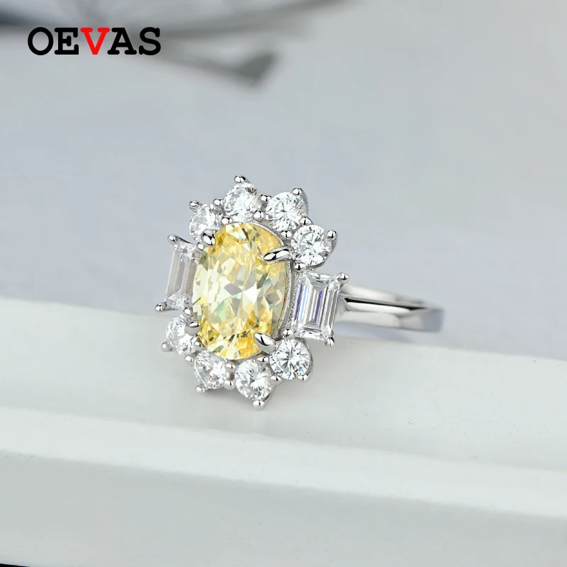 

OEVAS 100% 925 Sterling Silver Oval Topaz High Carbon Diamond Flower Rings For Women Sparkling Wedding Party Fine Jewelry Gifts
