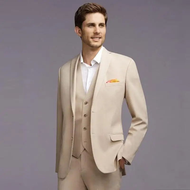 

New Slim Fit Beige Men Suits Wedding Groom Tuxedos Bridegroom Set 3 Pieces (Jacket+Pants+Vest) Best Man Blazer Groom Wear Terno
