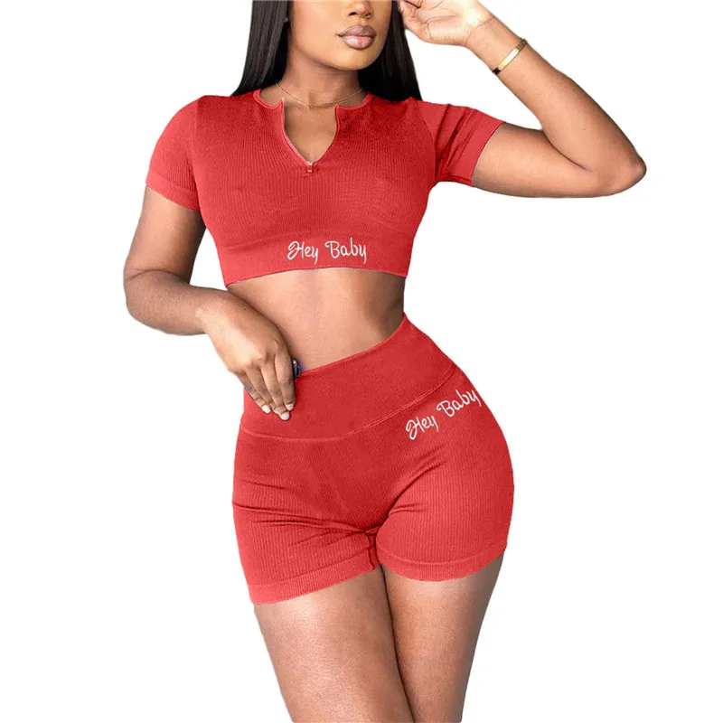 

2Pcs Women Casual Outfits Tracksuit Short Sleeve Crop Tops+ Elastic High Waist Shorts Solid Color Female Joggers Sets Sportswear