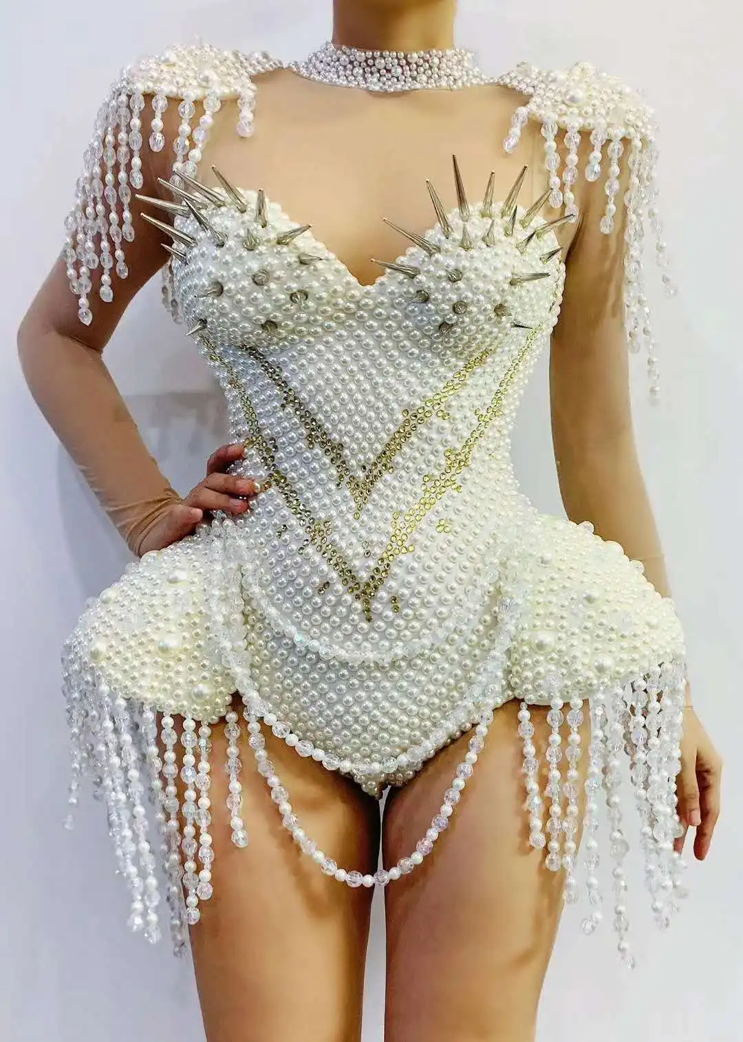 

Sexy See Through Luxurious Beading Tassel Women Dress 2020 Zipper Back Dancer Stage Costume Wear Birthday Party Dress with Rivet