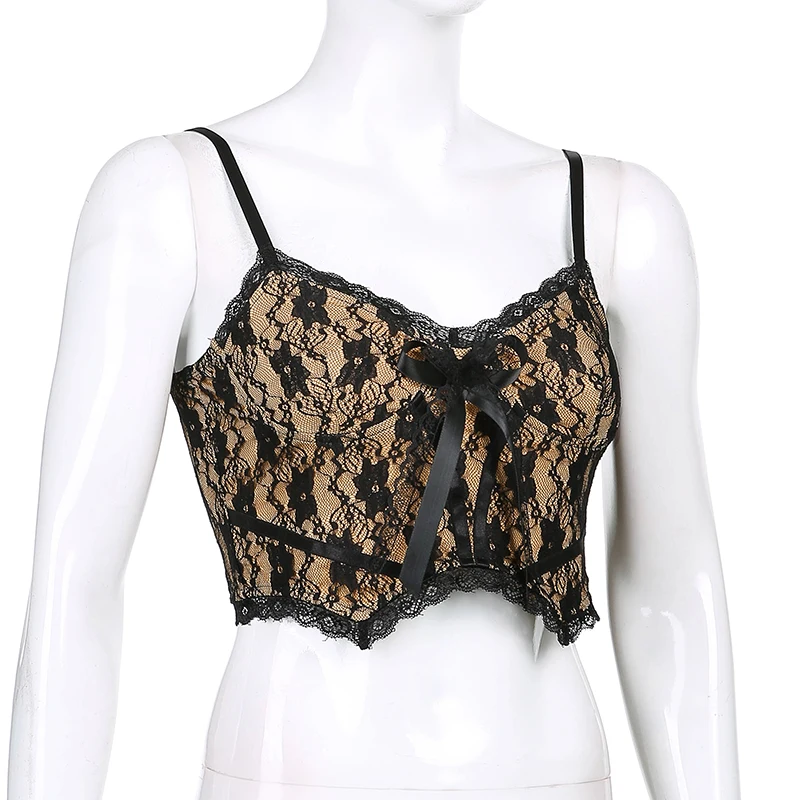 

Sweetown Goth Aesthetic Lace Crop Tops Women Back Zip Up Dark Academia E Girl Clothes Double Layer V Neck Sexy Cami Top 2021