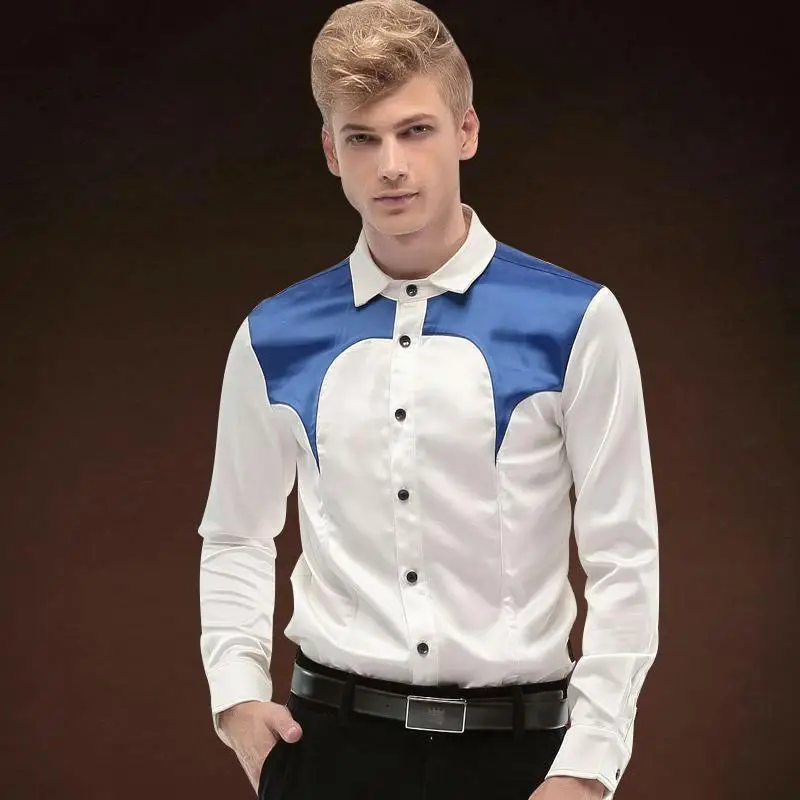 

European style banquet tuxedo stitching Slim Blue Patchwork On Shoulder Men White long-sleeve shirt male models Autumn M-5XL