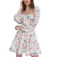 women floral a line dress adults tie up backless puff sleeve square collar dress